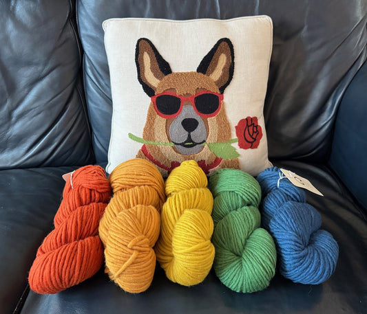 Quince and Co Puffin Colors with Dog Pillow LOVermont Yarns